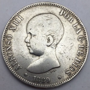 Espagne 5 pesetas Alphonse XIII 1889