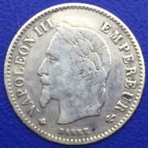 Pièce Argent, Napoléon III, 20 centimes 1867 A, Paris