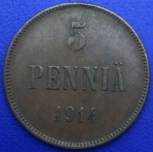 Monnaie Cuivre, Pièce Finlande, 5 Pennia 1914 Nicholas II