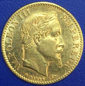 Pièce de Monnaie Française or, 10 francs Napoleon III Tête laurée, 1866 BB
